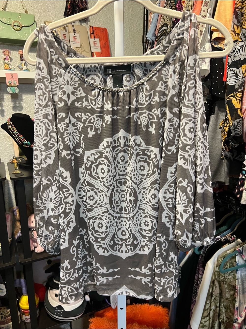INC International Concepts Gray and White Medallion Cold-Shoulder Tunic